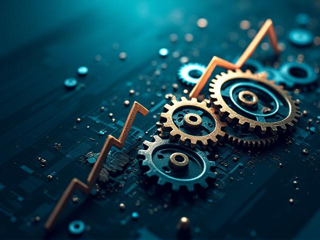 未来を指し示す時計の歯車とビジネス戦略の概念画像